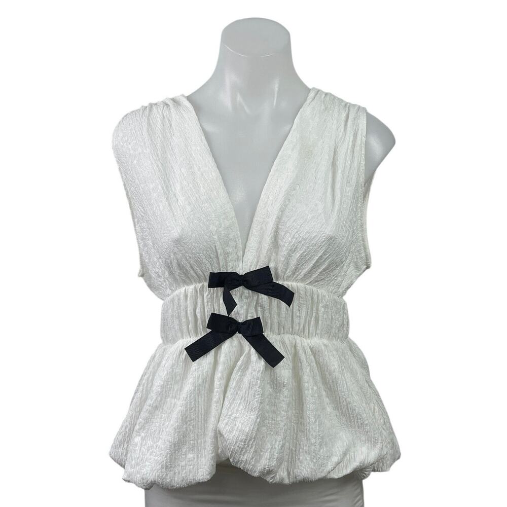 NEW Zara White Textured Bow Sleeveless Plunge V Neck Blouse Crop Tank Top Size L